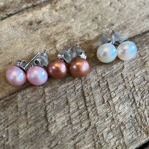 .925 Sterling Silver Pearl Stud Earrings Set white pink and copper New!